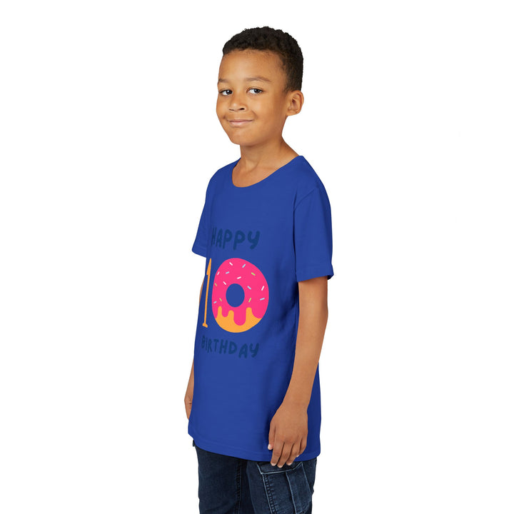 10th Birthday Youth Tee – Pink Donut "Happy 10 Birthday" Kids Shirt
