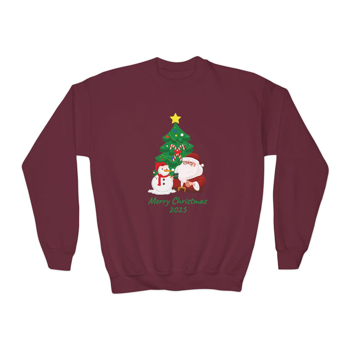 Youth Christmas Crewneck Sweatshirt — 'Merry Christmas 2025' Santa & Snowman Tree Design