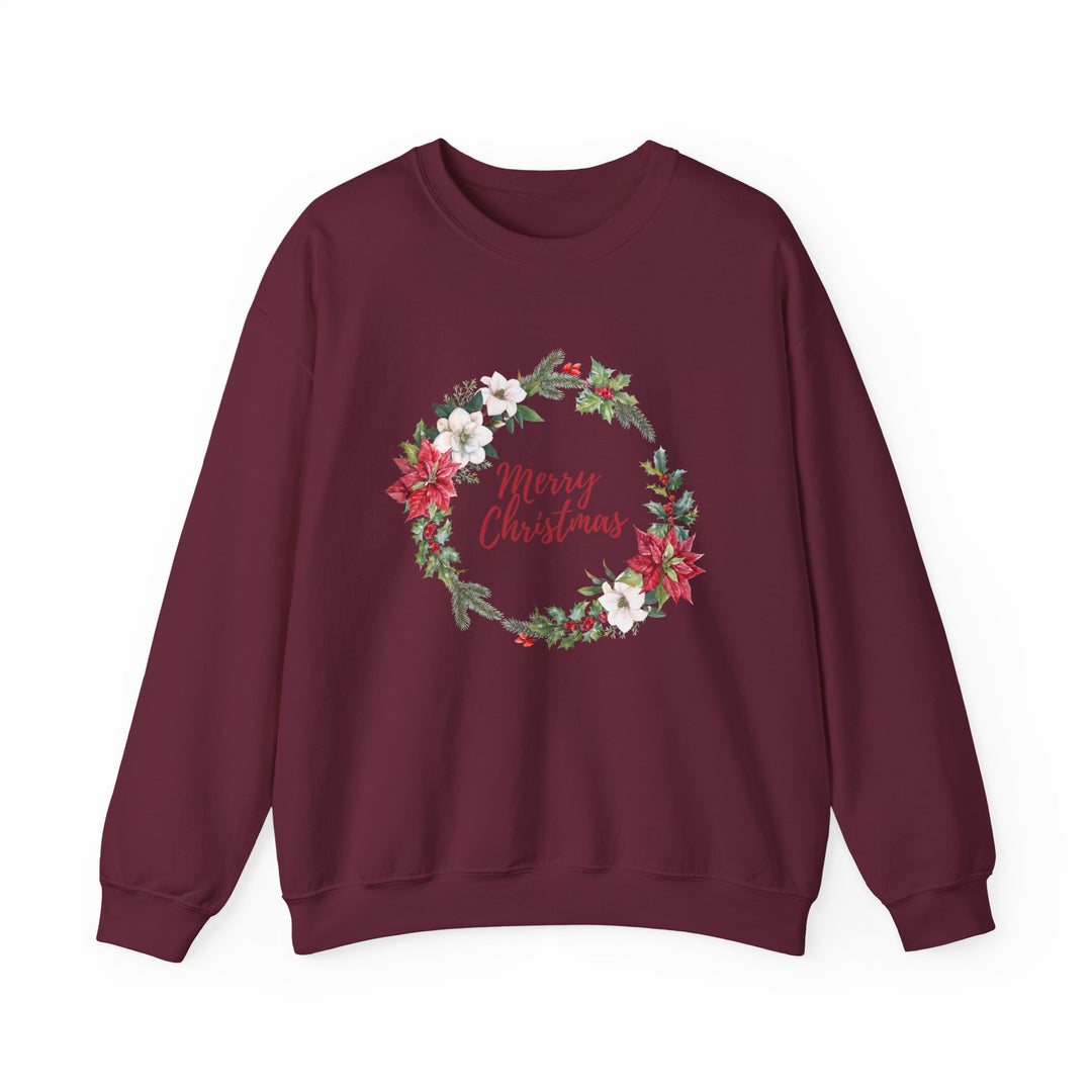 Christmas Poinsettia Wreath Sweatshirt — "Merry Christmas" Holiday Crewneck