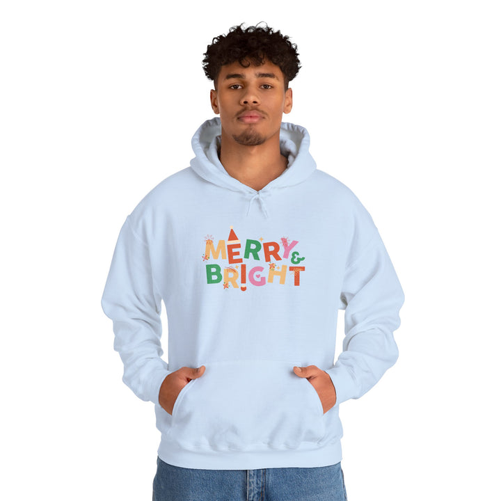 Merry & Bright Holiday Hoodie — Colorful Christmas Graphic Sweatshirt