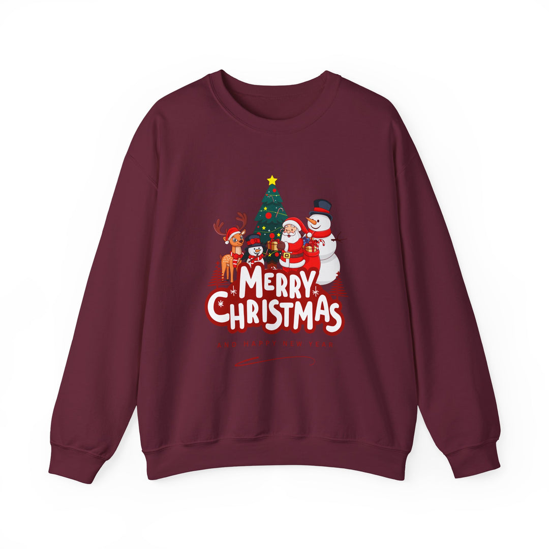 Christmas Crewneck Sweatshirt — 'Merry Christmas' Festive Holiday Sweatshirt with Santa, Reindeer & Snowman