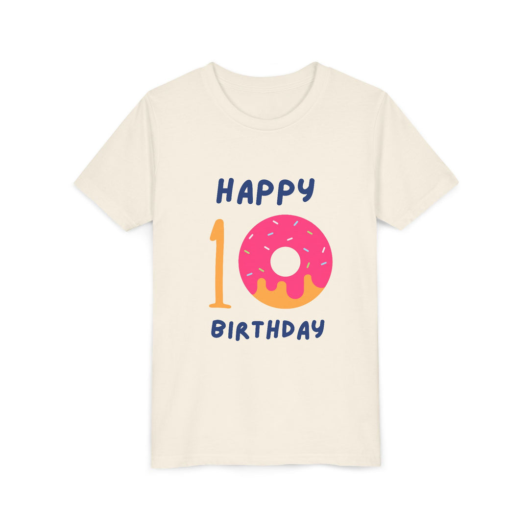 10th Birthday Youth Tee – Pink Donut "Happy 10 Birthday" Kids Shirt
