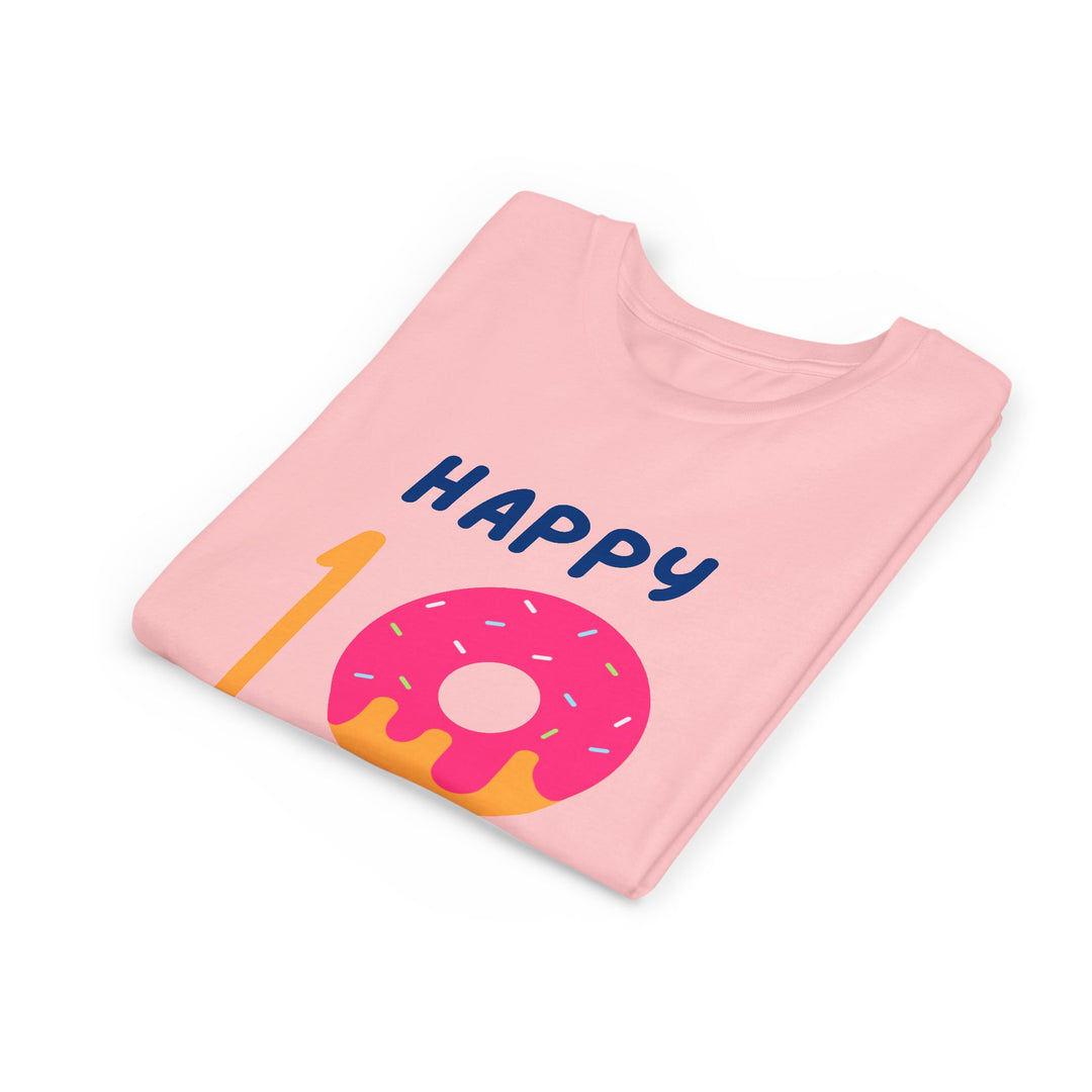 10th Birthday Youth Tee – Pink Donut "Happy 10 Birthday" Kids Shirt