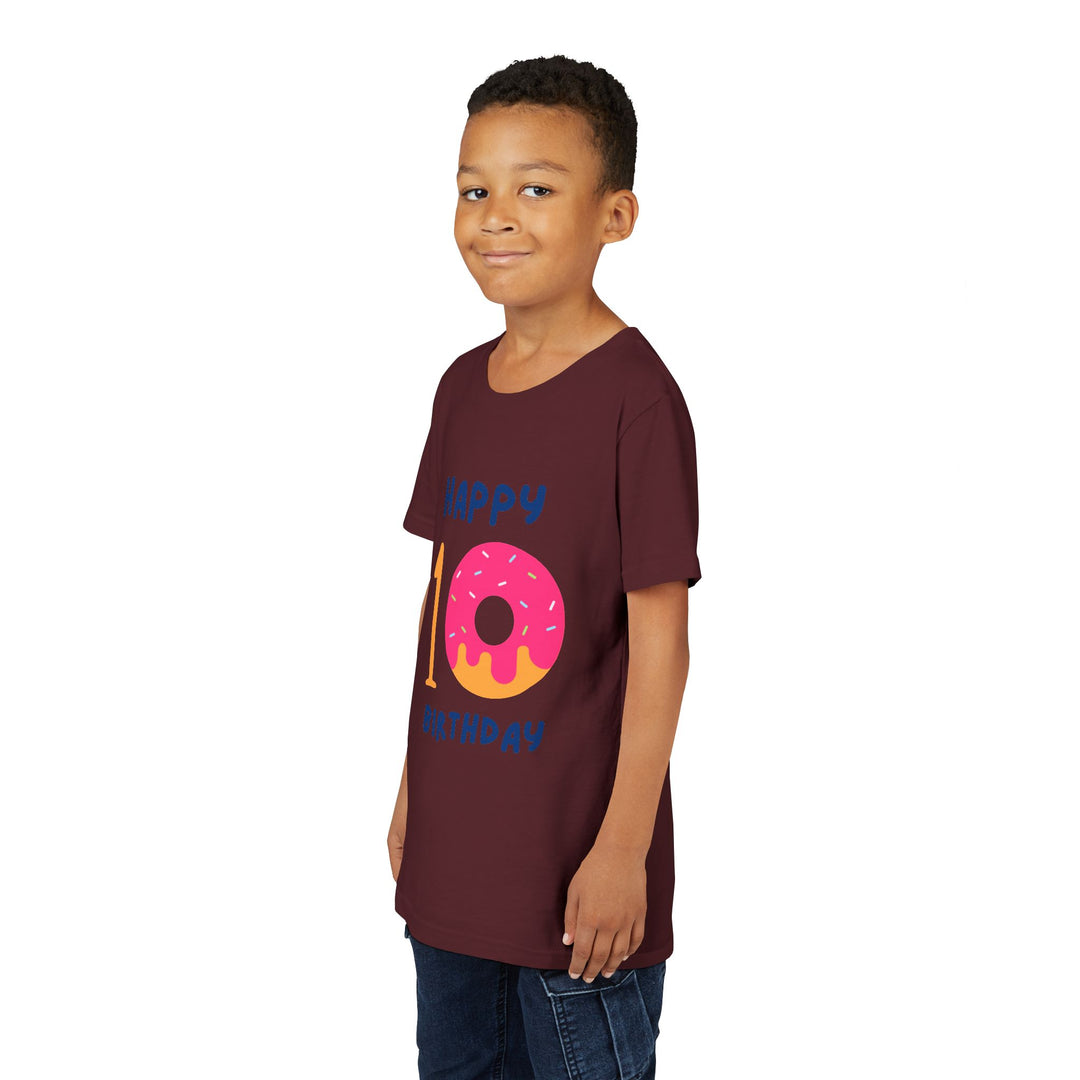10th Birthday Youth Tee – Pink Donut "Happy 10 Birthday" Kids Shirt