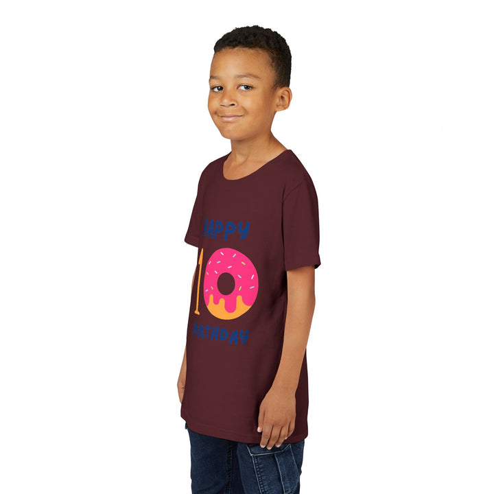 10th Birthday Youth Tee – Pink Donut "Happy 10 Birthday" Kids Shirt