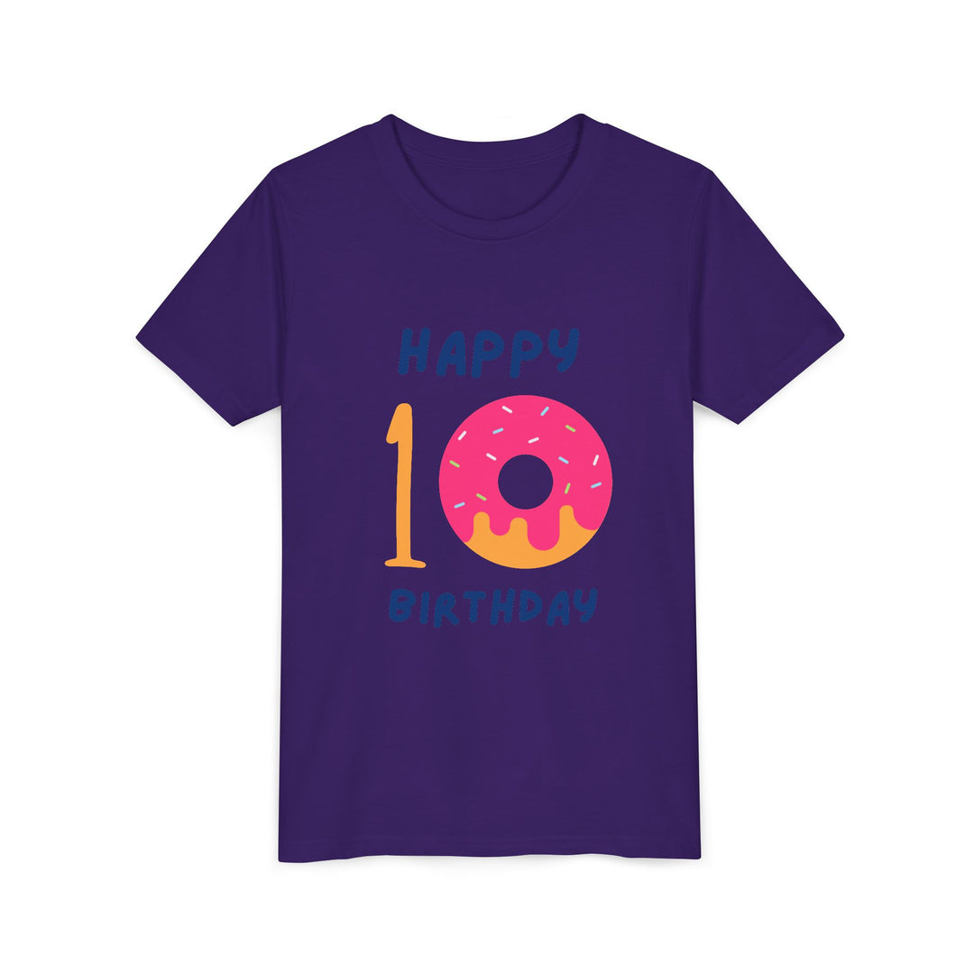 10th Birthday Youth Tee – Pink Donut "Happy 10 Birthday" Kids Shirt