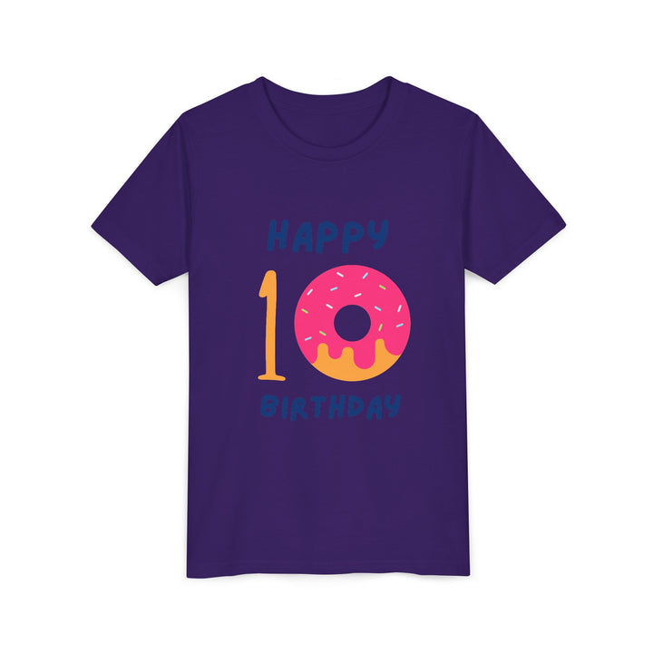 10th Birthday Youth Tee – Pink Donut "Happy 10 Birthday" Kids Shirt