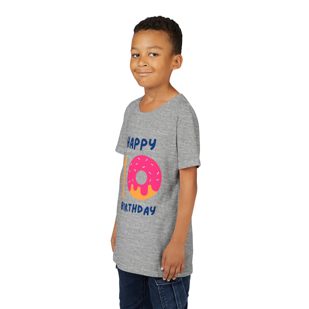 10th Birthday Youth Tee – Pink Donut "Happy 10 Birthday" Kids Shirt