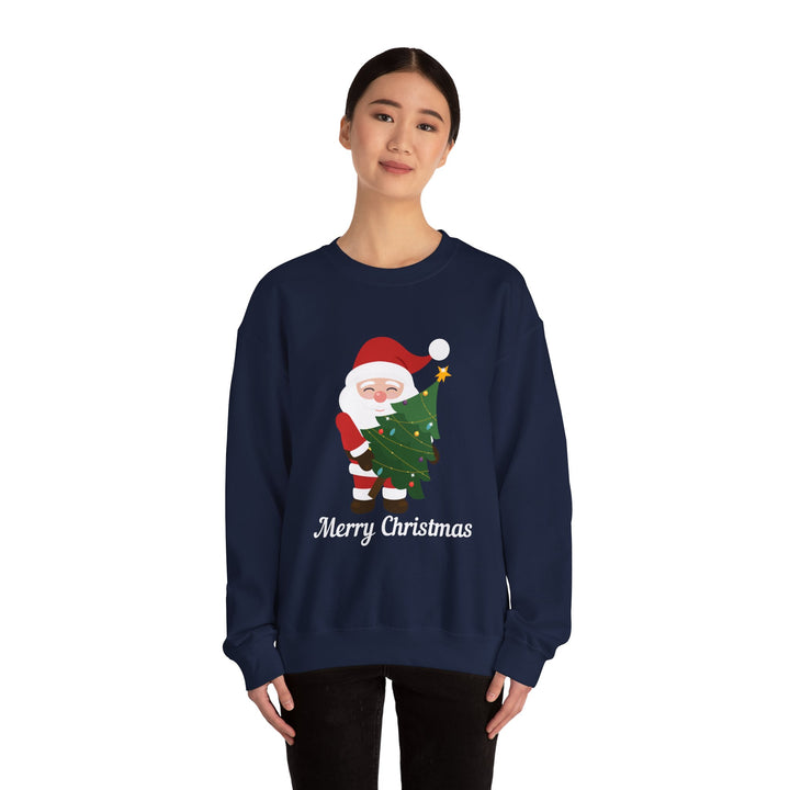 Christmas Sweatshirt – Cute Santa Hugging Christmas Tree “Merry Christmas” Holiday Crewneck