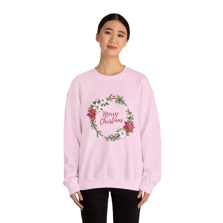 Christmas Poinsettia Wreath Sweatshirt — "Merry Christmas" Holiday Crewneck