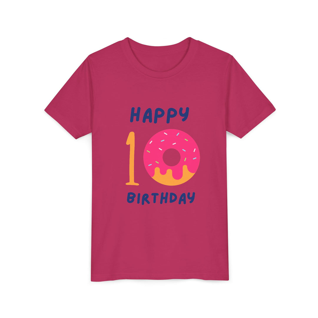 10th Birthday Youth Tee – Pink Donut "Happy 10 Birthday" Kids Shirt