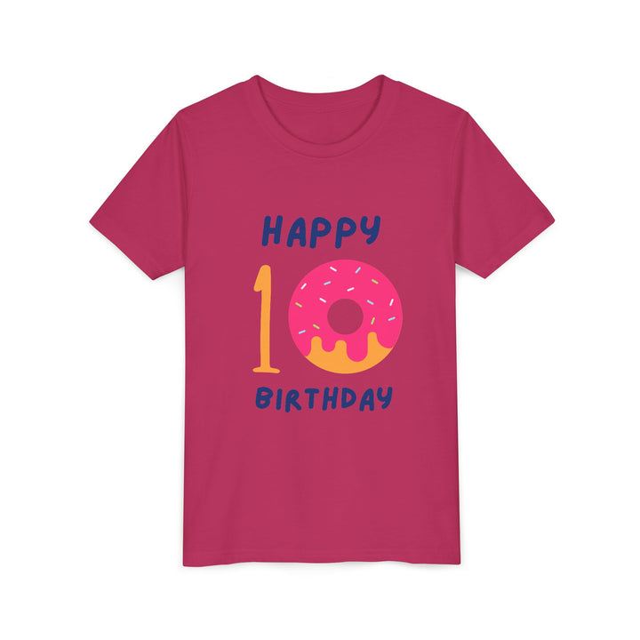 10th Birthday Youth Tee – Pink Donut "Happy 10 Birthday" Kids Shirt