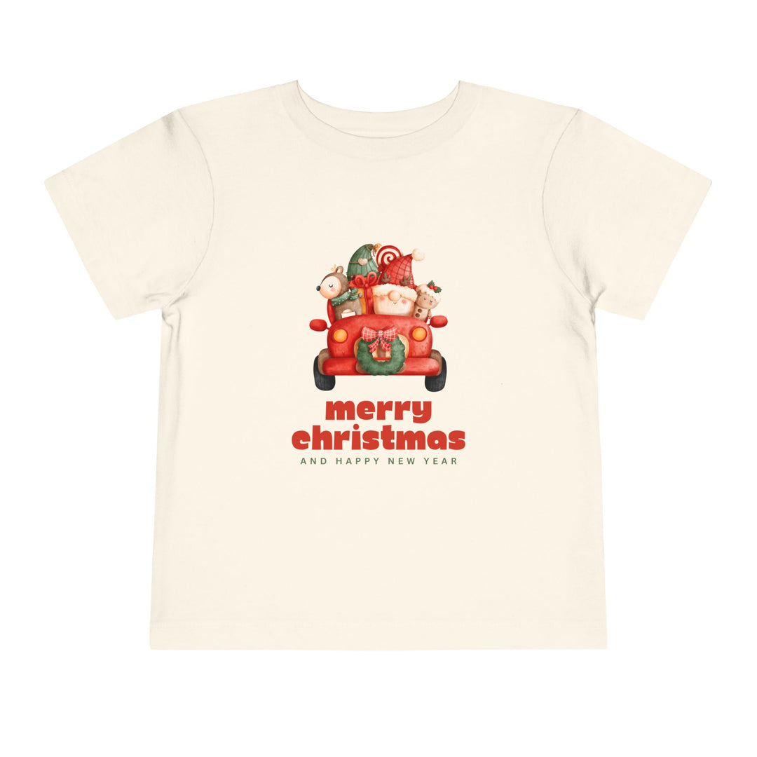 Toddler Tee — Cute Santa in Car “Merry Christmas and Happy New Year” Holiday Tee