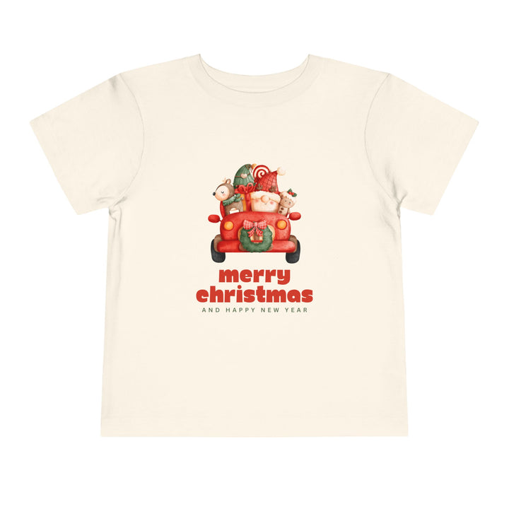 Toddler Tee — Cute Santa in Car “Merry Christmas and Happy New Year” Holiday Tee