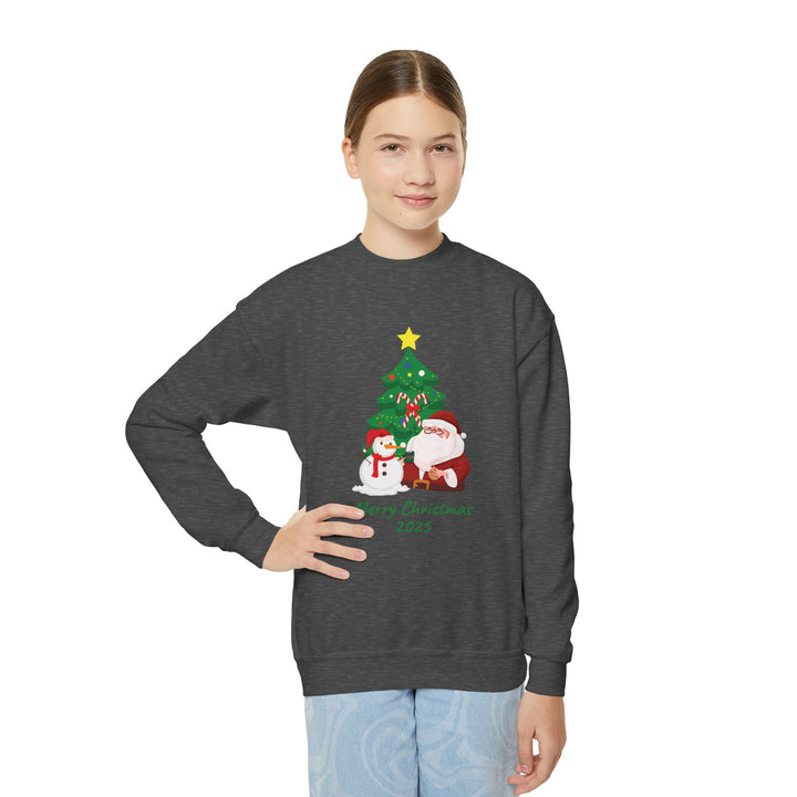 Youth Christmas Crewneck Sweatshirt — 'Merry Christmas 2025' Santa & Snowman Tree Design