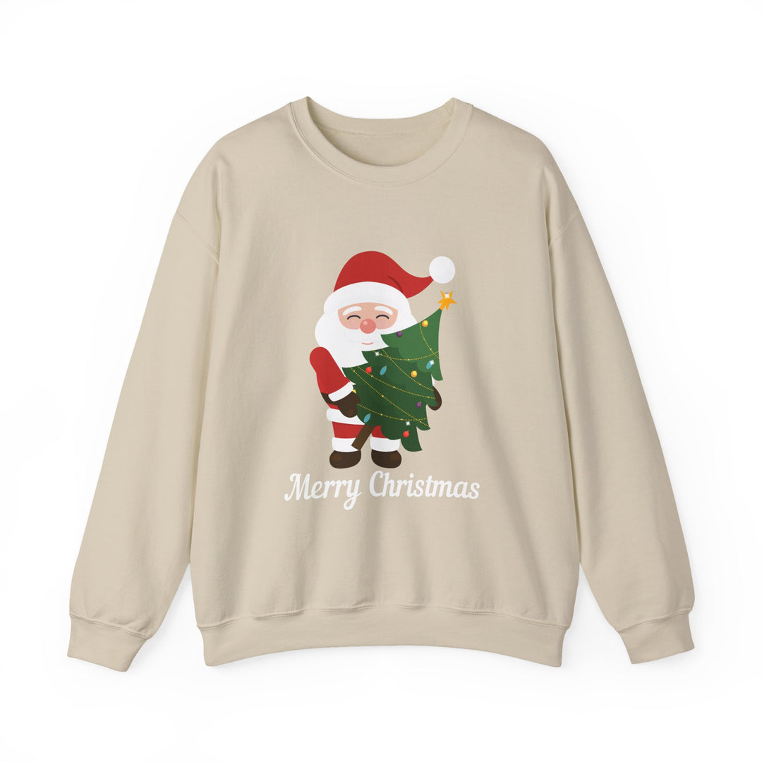 Christmas Sweatshirt – Cute Santa Hugging Christmas Tree “Merry Christmas” Holiday Crewneck