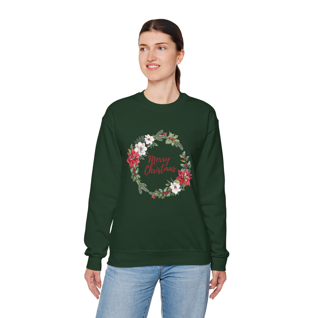 Christmas Poinsettia Wreath Sweatshirt — "Merry Christmas" Holiday Crewneck
