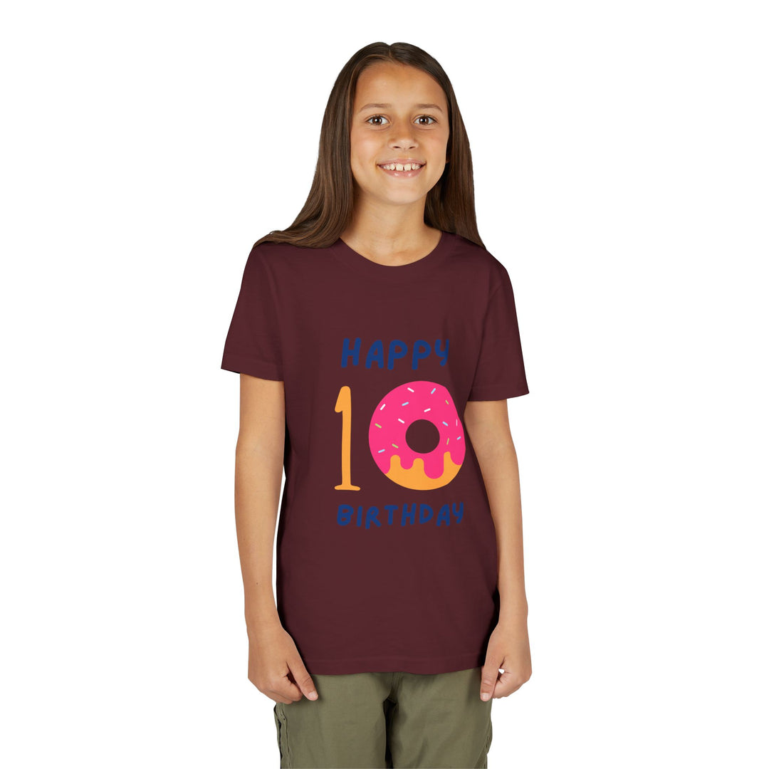 10th Birthday Youth Tee – Pink Donut "Happy 10 Birthday" Kids Shirt