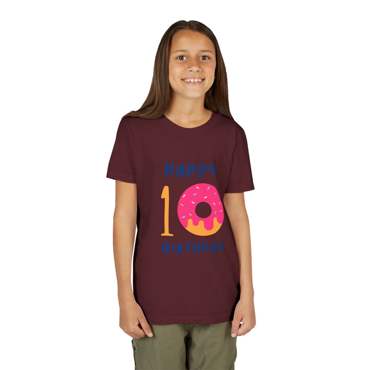 10th Birthday Youth Tee – Pink Donut "Happy 10 Birthday" Kids Shirt