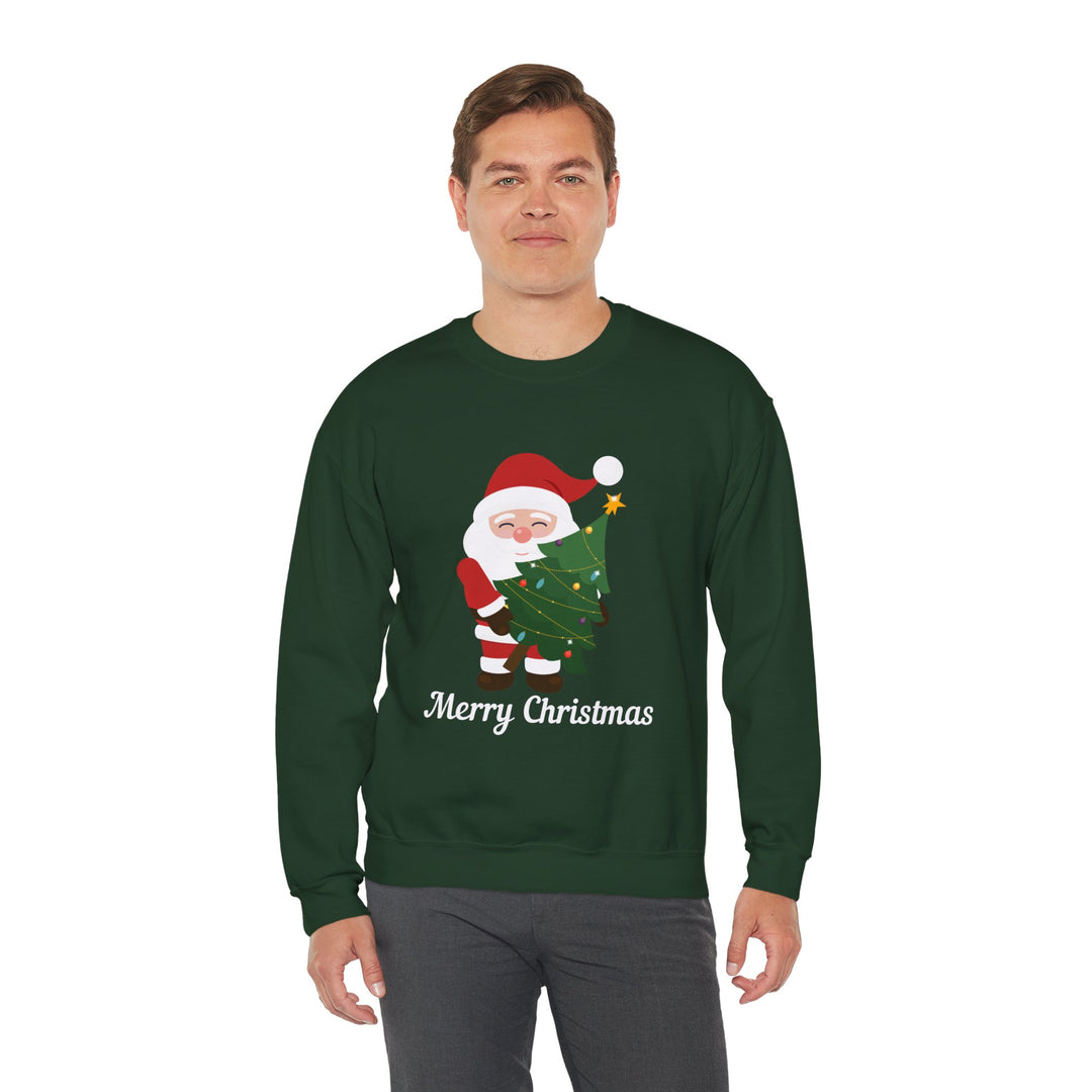 Christmas Sweatshirt – Cute Santa Hugging Christmas Tree “Merry Christmas” Holiday Crewneck