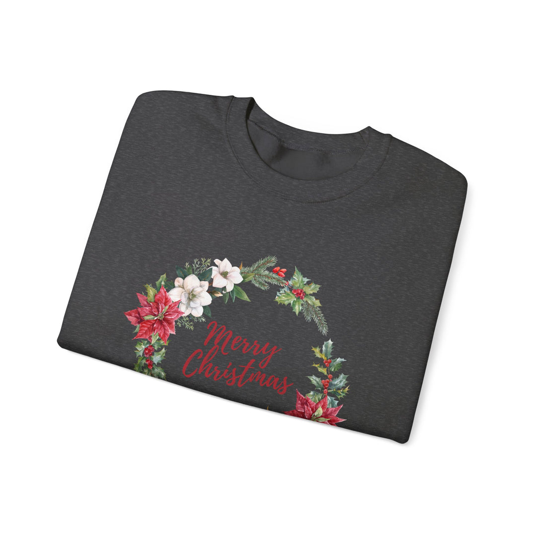 Christmas Poinsettia Wreath Sweatshirt — "Merry Christmas" Holiday Crewneck