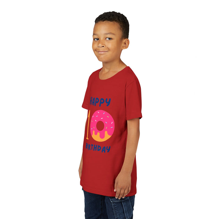10th Birthday Youth Tee – Pink Donut "Happy 10 Birthday" Kids Shirt