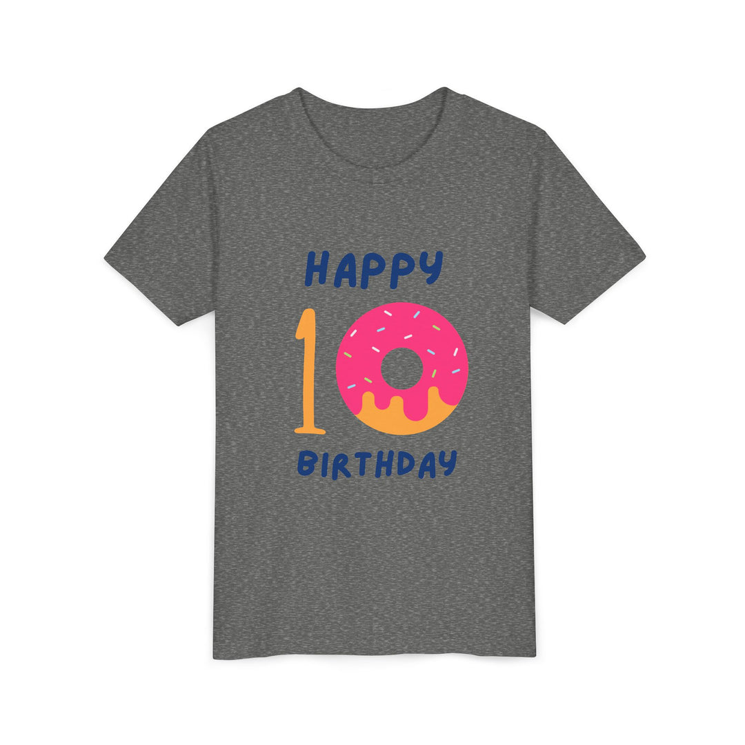 10th Birthday Youth Tee – Pink Donut "Happy 10 Birthday" Kids Shirt