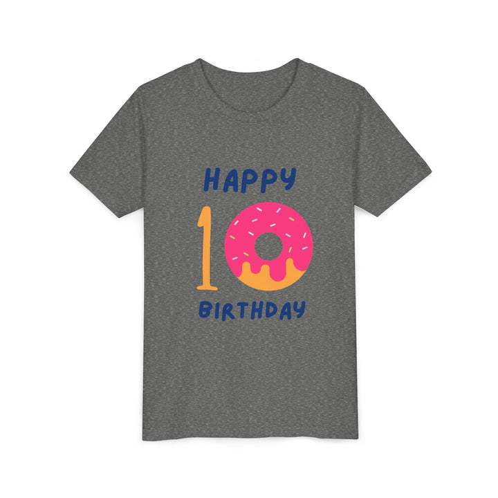 10th Birthday Youth Tee – Pink Donut "Happy 10 Birthday" Kids Shirt