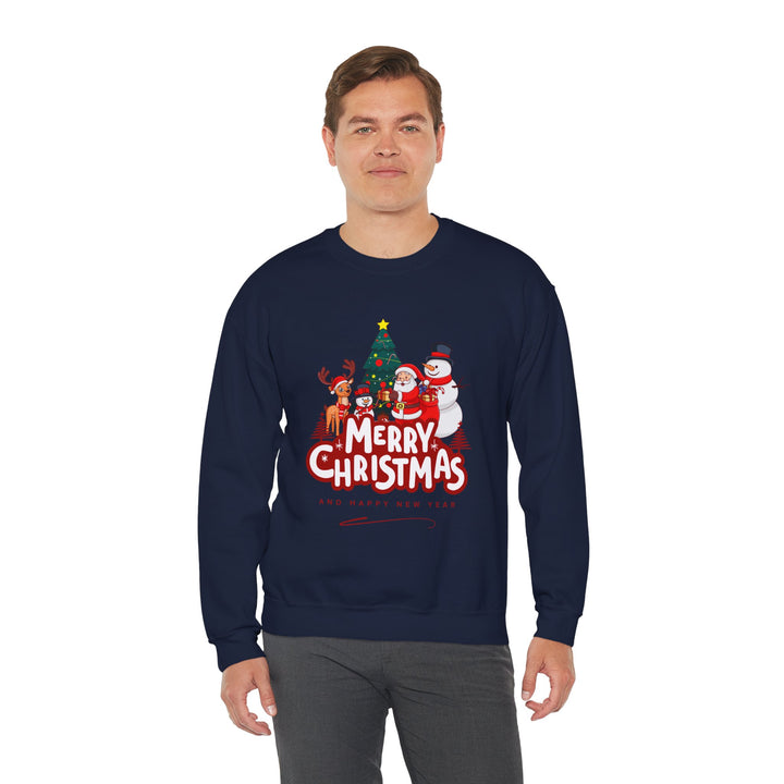 Christmas Crewneck Sweatshirt — 'Merry Christmas' Festive Holiday Sweatshirt with Santa, Reindeer & Snowman