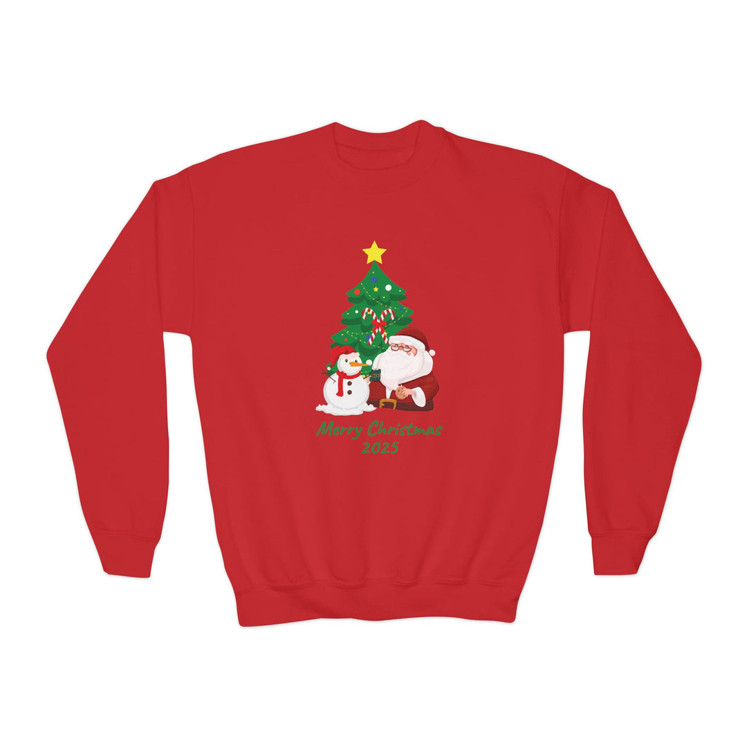 Youth Christmas Crewneck Sweatshirt — 'Merry Christmas 2025' Santa & Snowman Tree Design