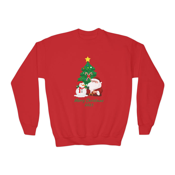 Youth Christmas Crewneck Sweatshirt — 'Merry Christmas 2025' Santa & Snowman Tree Design