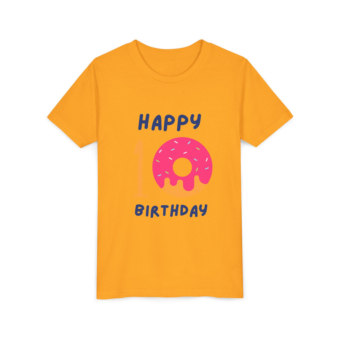 10th Birthday Youth Tee – Pink Donut "Happy 10 Birthday" Kids Shirt