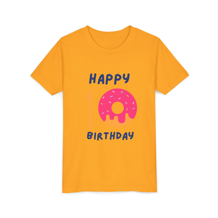 10th Birthday Youth Tee – Pink Donut "Happy 10 Birthday" Kids Shirt
