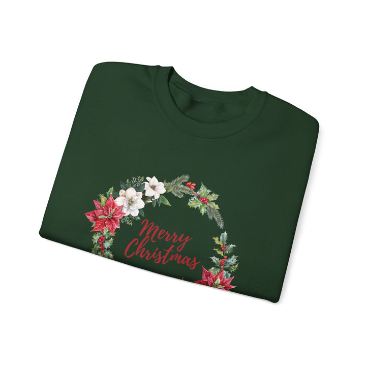 Christmas Poinsettia Wreath Sweatshirt — "Merry Christmas" Holiday Crewneck