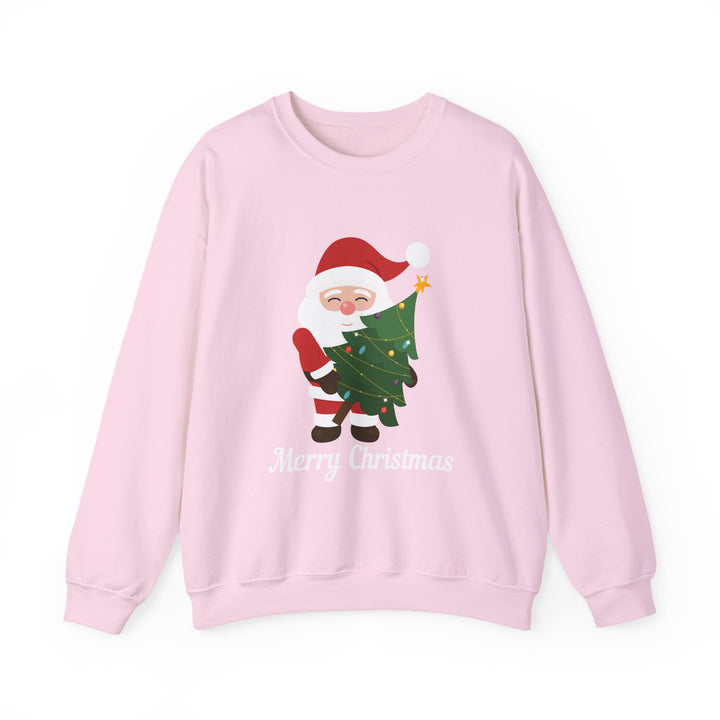Christmas Sweatshirt – Cute Santa Hugging Christmas Tree “Merry Christmas” Holiday Crewneck