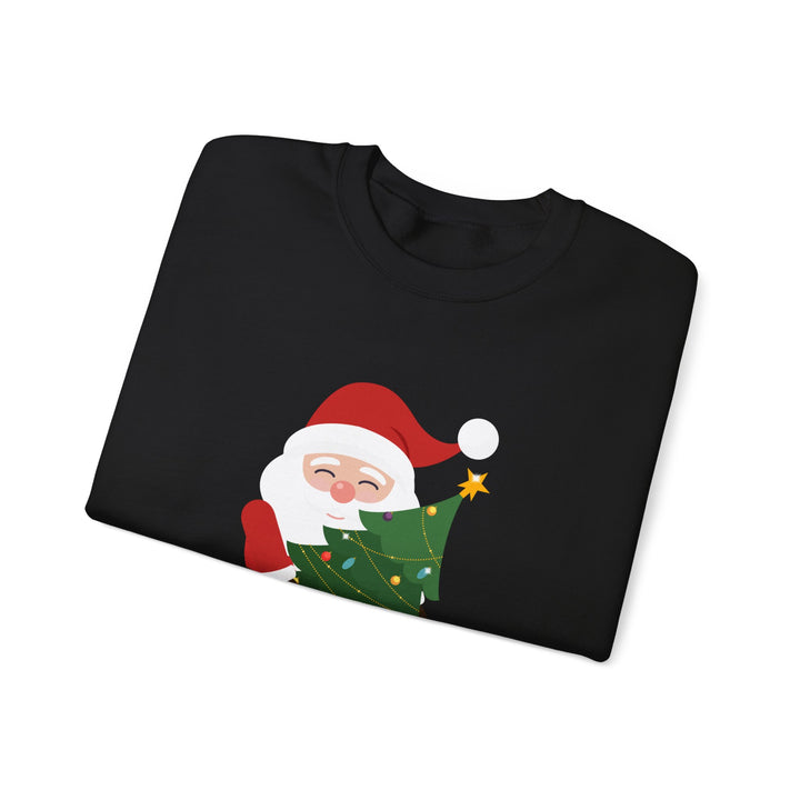 Christmas Sweatshirt – Cute Santa Hugging Christmas Tree “Merry Christmas” Holiday Crewneck