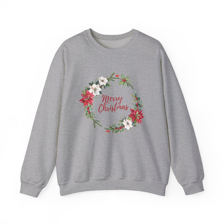 Christmas Poinsettia Wreath Sweatshirt — "Merry Christmas" Holiday Crewneck