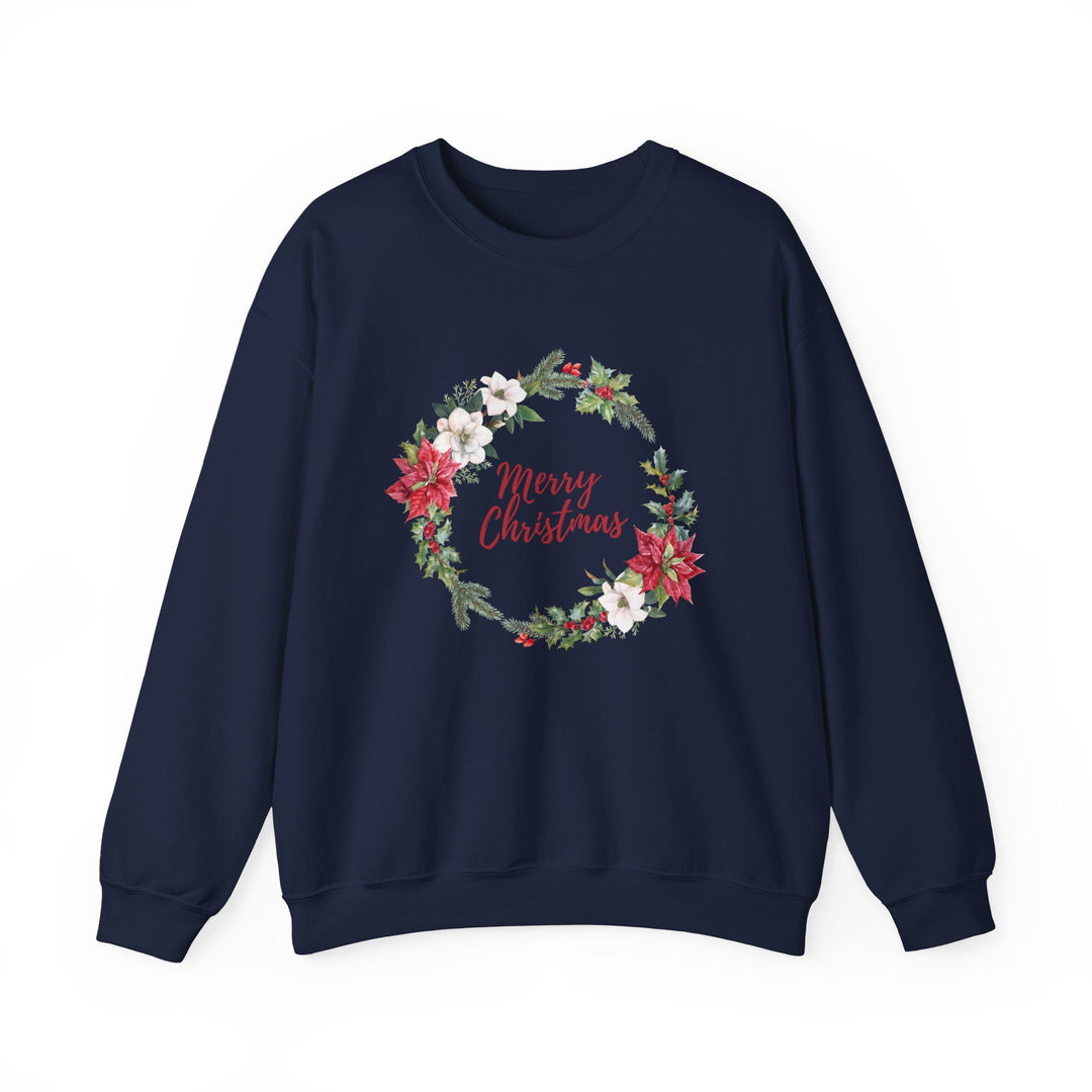 Christmas Poinsettia Wreath Sweatshirt — "Merry Christmas" Holiday Crewneck