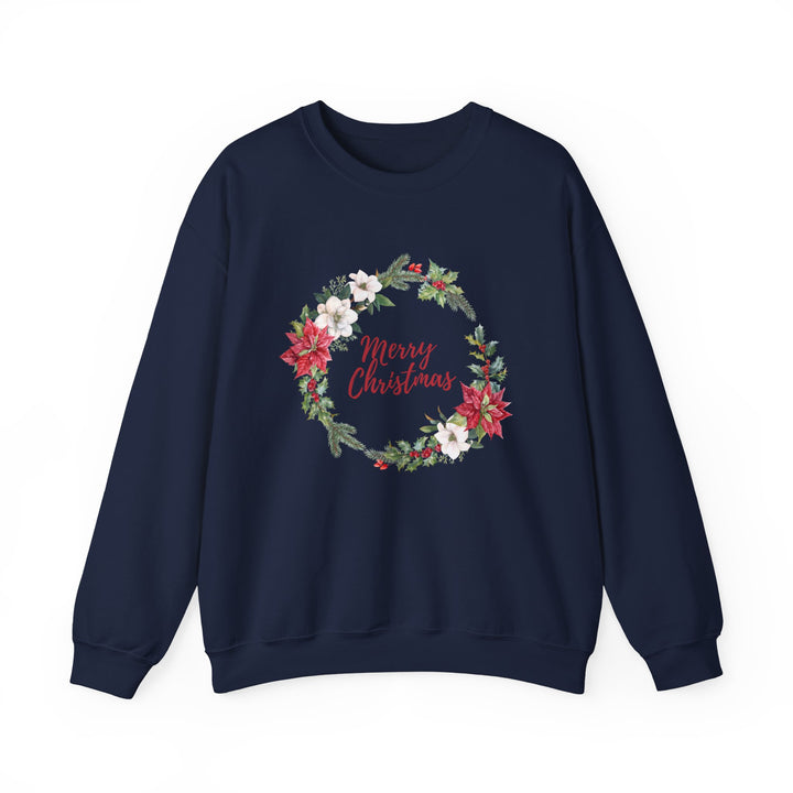 Christmas Poinsettia Wreath Sweatshirt — "Merry Christmas" Holiday Crewneck