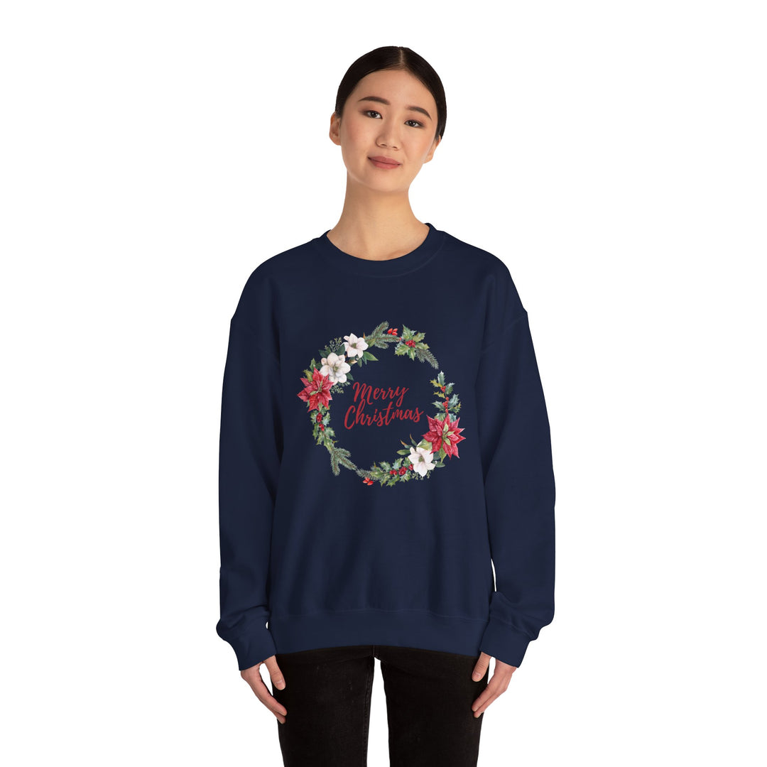 Christmas Poinsettia Wreath Sweatshirt — "Merry Christmas" Holiday Crewneck