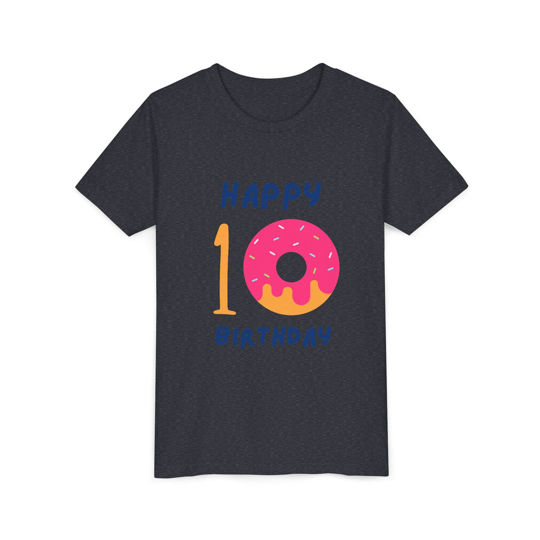 10th Birthday Youth Tee – Pink Donut "Happy 10 Birthday" Kids Shirt