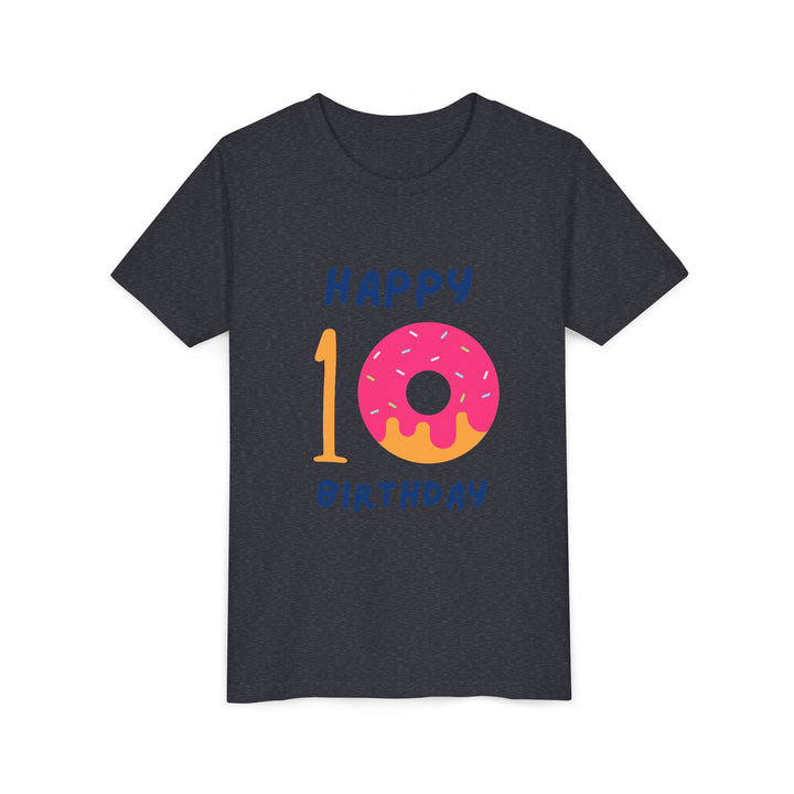 10th Birthday Youth Tee – Pink Donut "Happy 10 Birthday" Kids Shirt