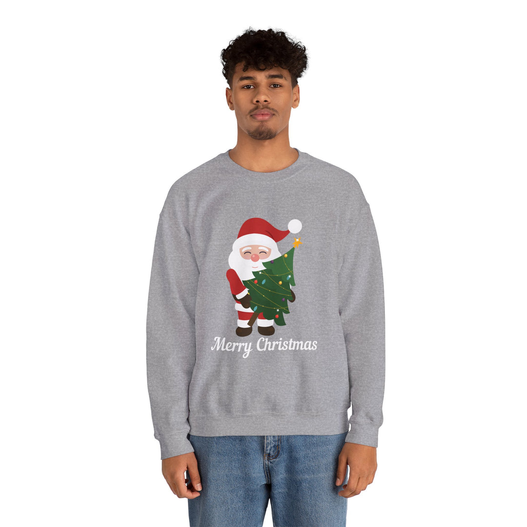Christmas Sweatshirt – Cute Santa Hugging Christmas Tree “Merry Christmas” Holiday Crewneck