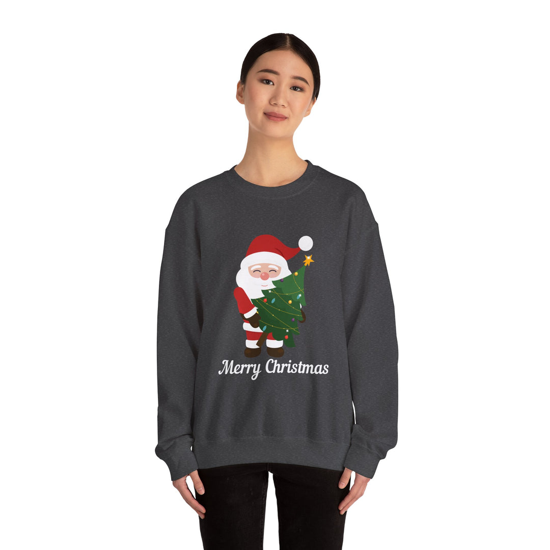 Christmas Sweatshirt – Cute Santa Hugging Christmas Tree “Merry Christmas” Holiday Crewneck
