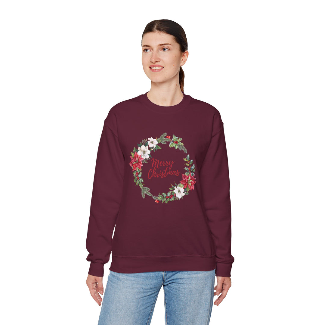 Christmas Poinsettia Wreath Sweatshirt — "Merry Christmas" Holiday Crewneck