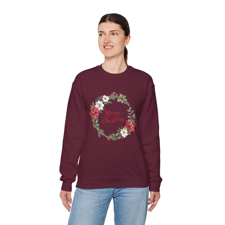 Christmas Poinsettia Wreath Sweatshirt — "Merry Christmas" Holiday Crewneck