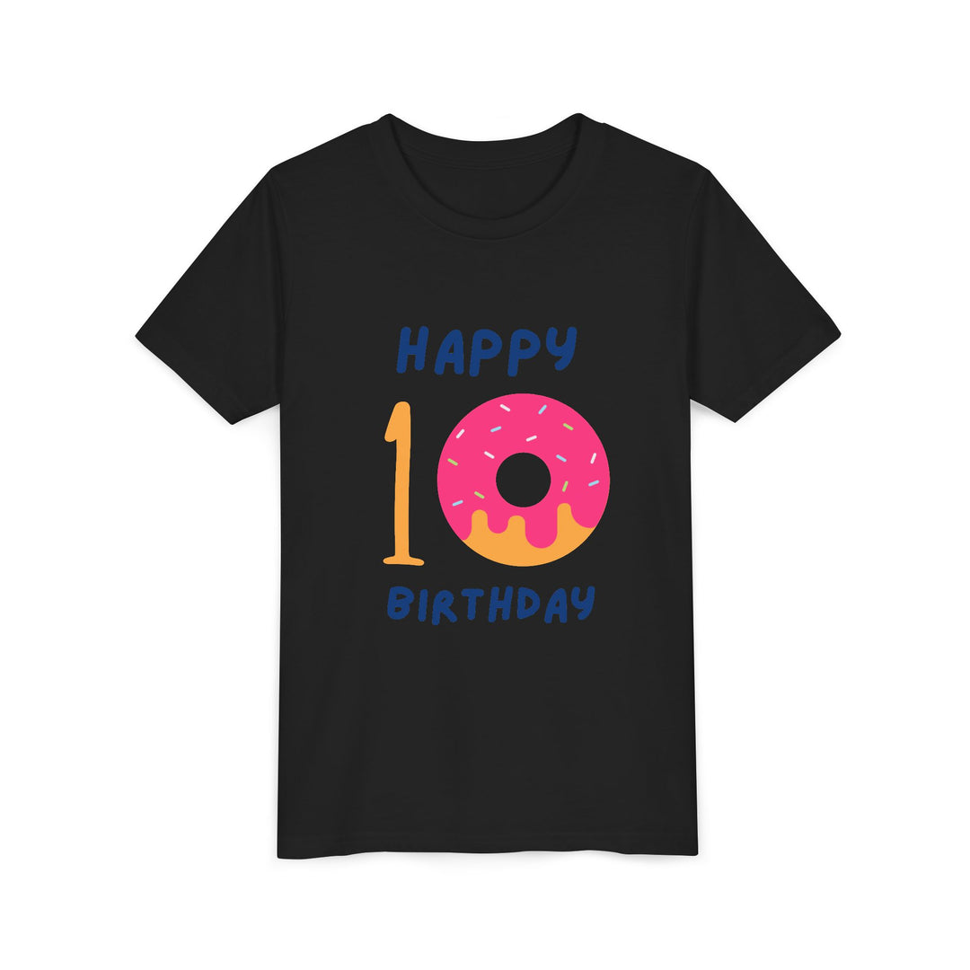 10th Birthday Youth Tee – Pink Donut "Happy 10 Birthday" Kids Shirt