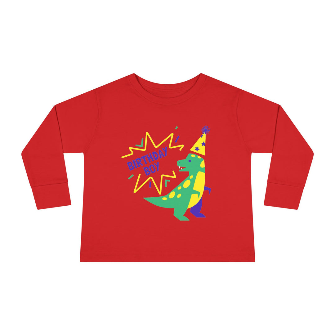 Birthday Boy Toddler Long Sleeve Tee — Cute Party Dinosaur Design