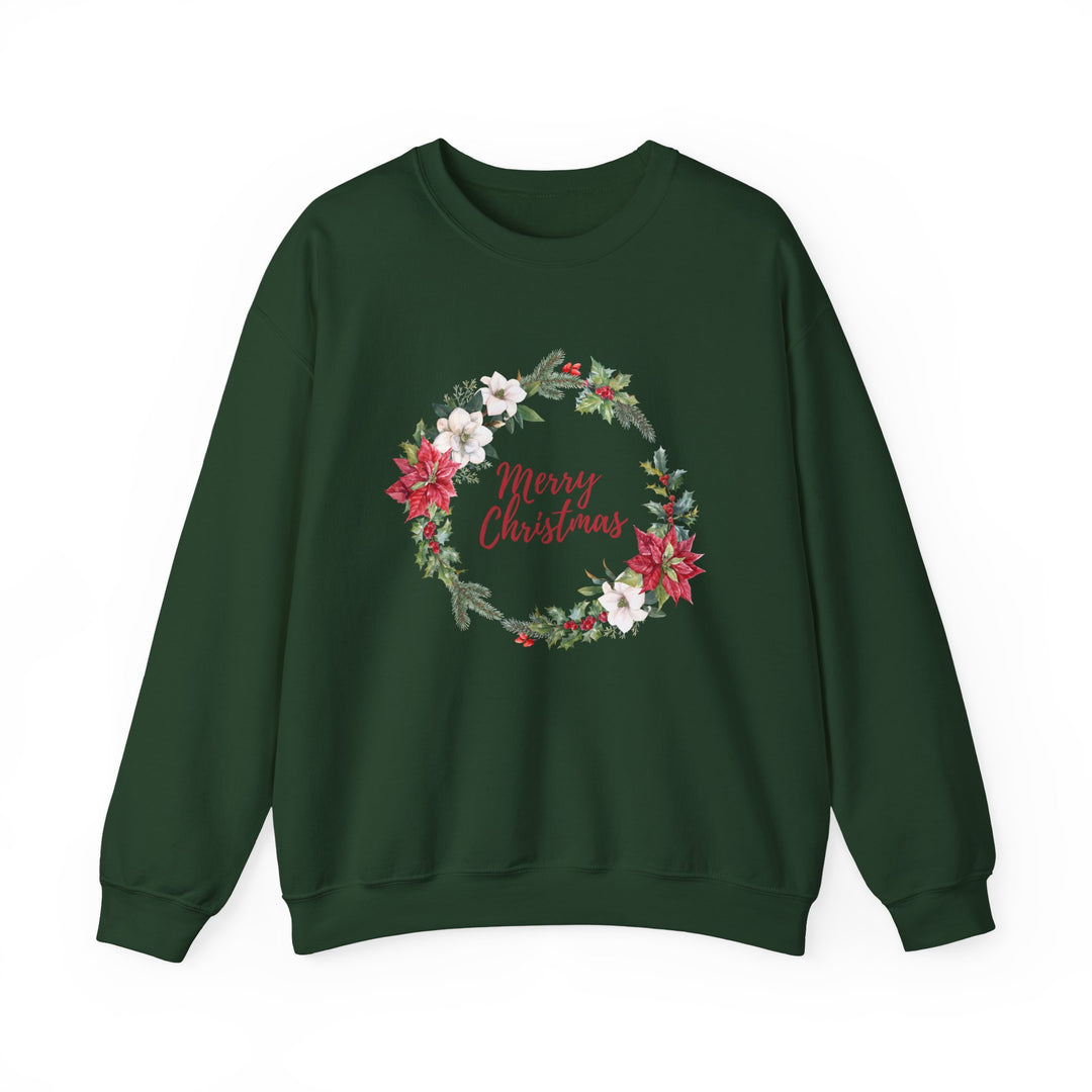 Christmas Poinsettia Wreath Sweatshirt — "Merry Christmas" Holiday Crewneck
