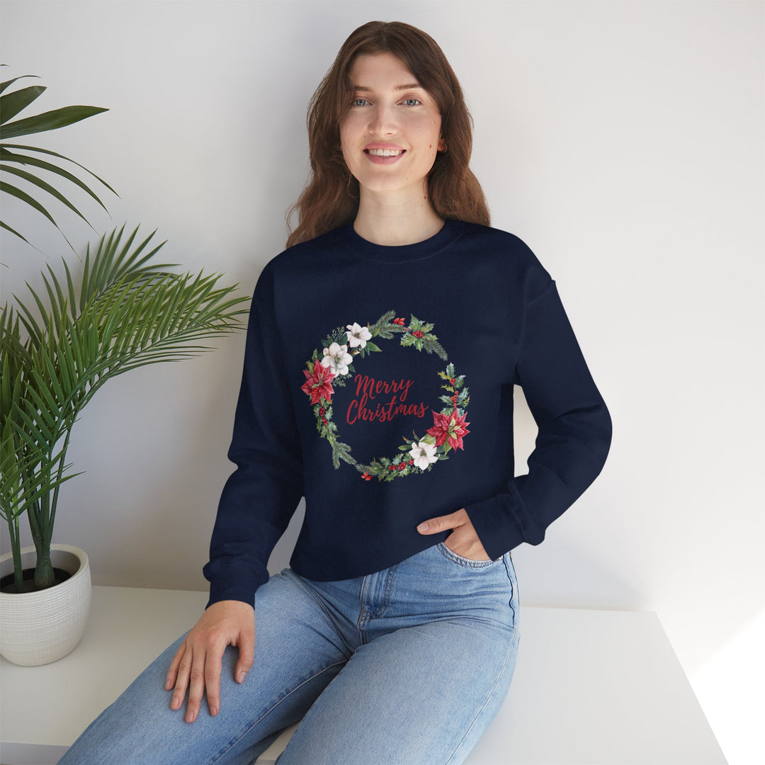 Christmas Poinsettia Wreath Sweatshirt — "Merry Christmas" Holiday Crewneck